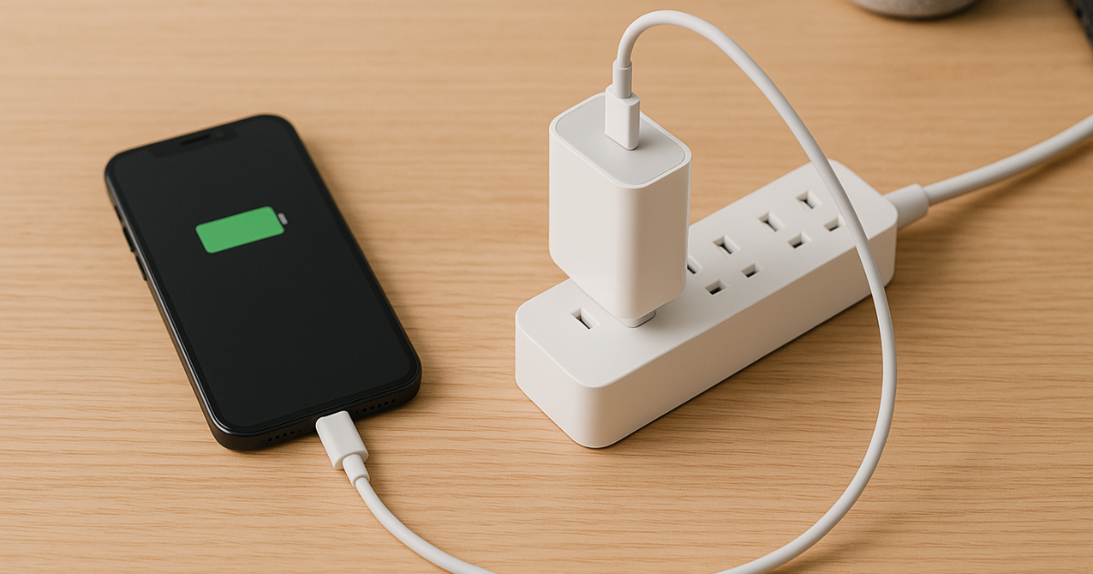 充電器に接続されて充電中のスマホの画像