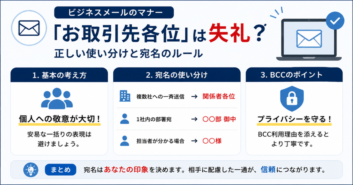 【ビジネスメールのマナー】「お取引先各位」は失礼？正しい使い分けと宛名のルールを徹底解説