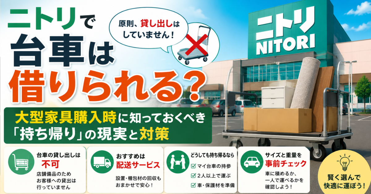 ニトリで台車は借りられる？大型家具購入時に知っておくべき「持ち帰り」の現実と対策