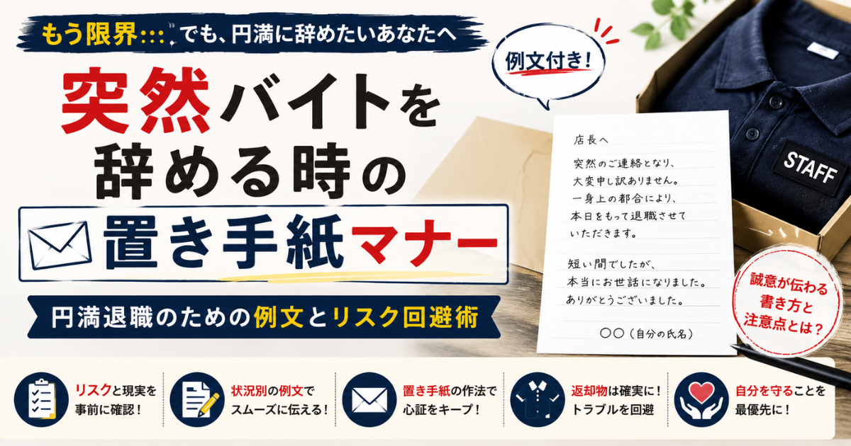 【もう限界】突然バイトを辞める時の置き手紙マナー｜円満退職のための例文とリスク回避術