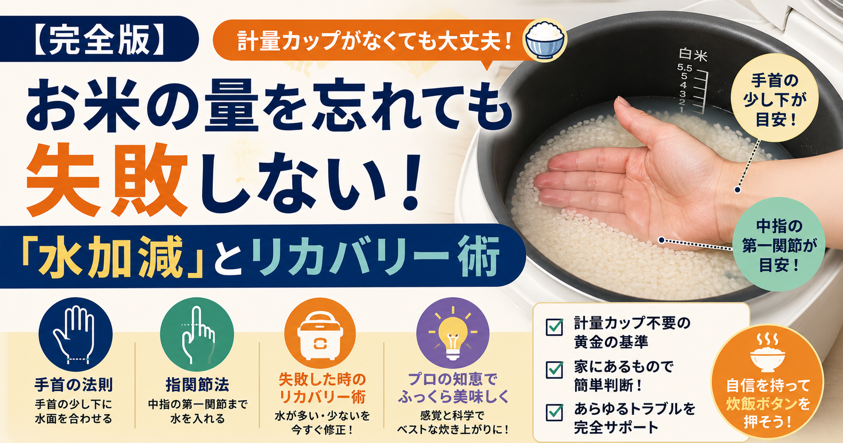 【完全版】お米の量を忘れても失敗しない！計量カップ不要の「水加減」とリカバリー術